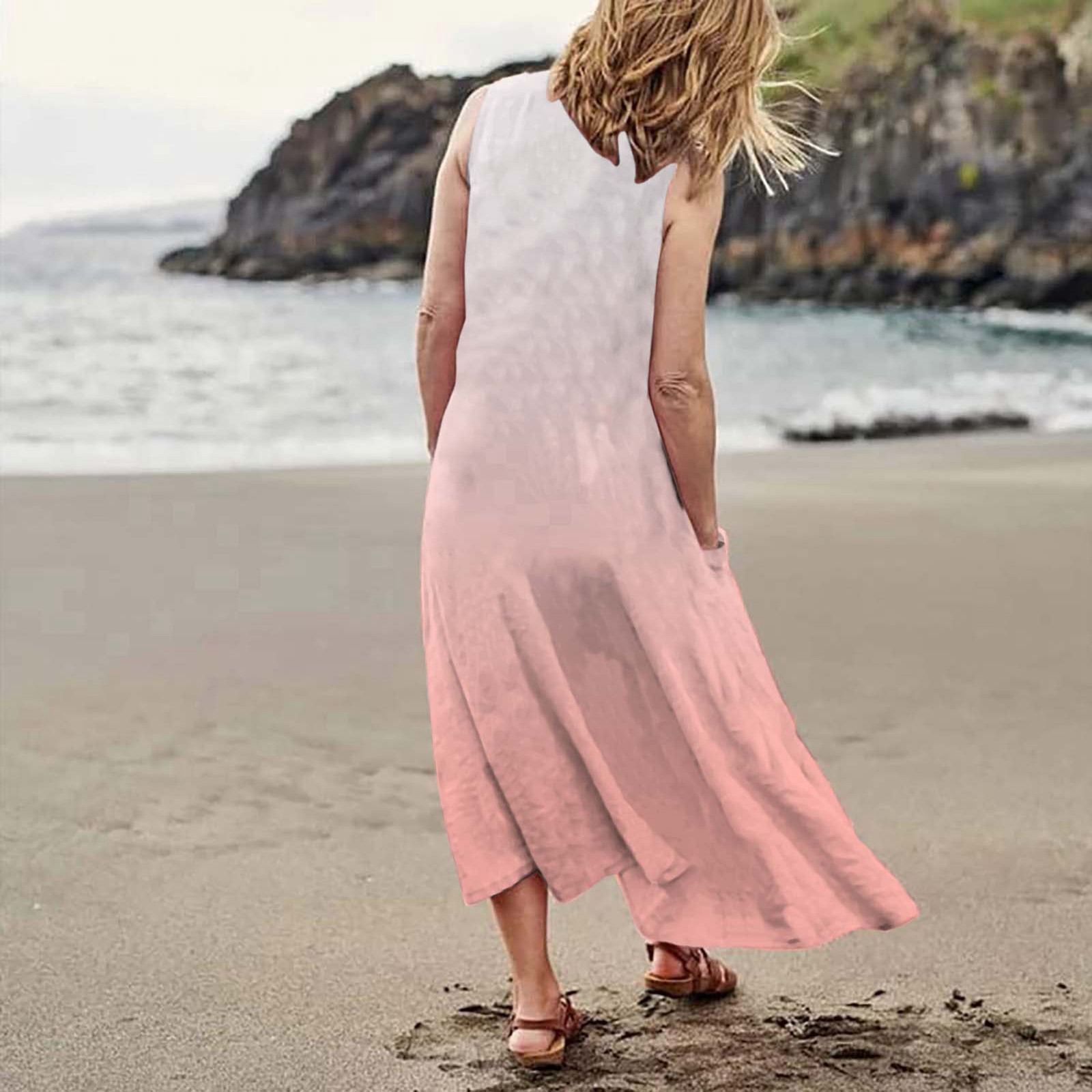thumbnail image 3 of Vestido largo informal de verano con cuello redondo y estampado degradado para mujer, 3 of 6
